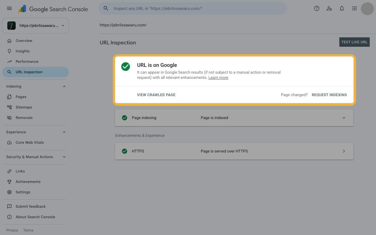 Google Search Console URL Inspection: URL is on Google